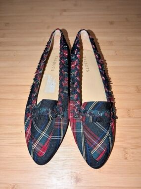 ☘️ Talbots Francesca Tartan Plaid Fringe Driving Flats Blue & Red US 9 Women’s